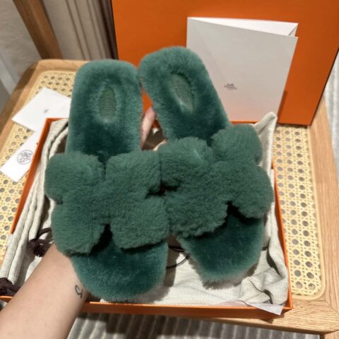 Hermès 水貂毛拖鞋 绿色