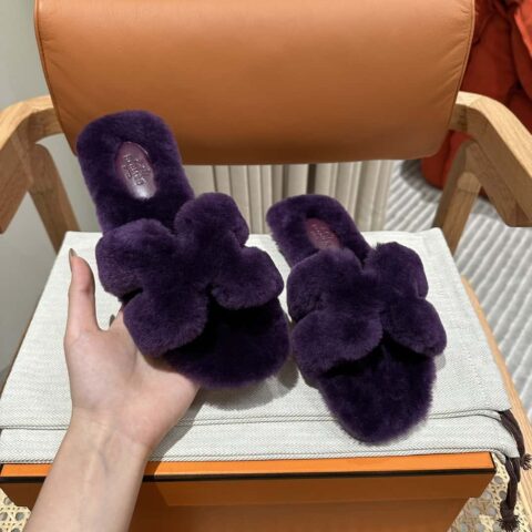 Hermès 水貂毛拖鞋 紫色