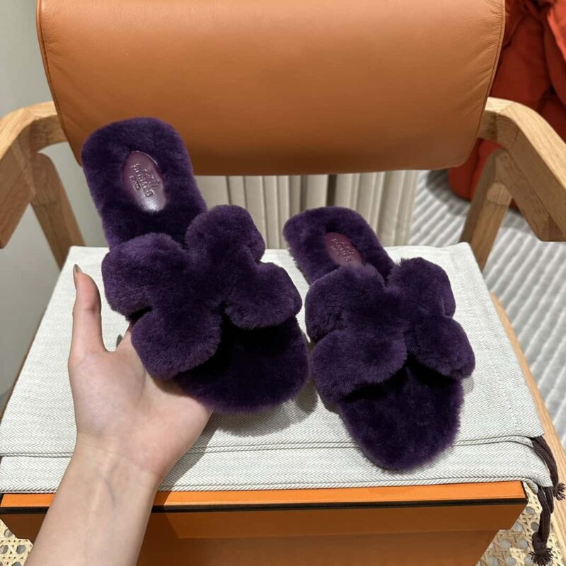 Hermès 水貂毛拖鞋 紫色