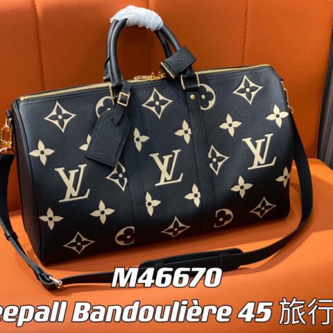 【原单精品】M46670黑色 全皮压花丝印旅行袋系列 Keepall Bandoulière 45 旅行袋 M46670 M46671