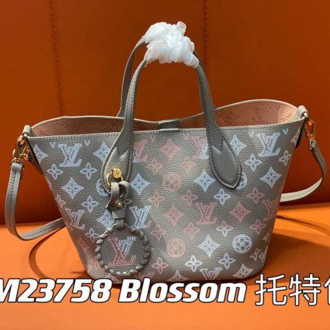 【原单精品】M23758浅灰色 全皮水桶包系列 Blossom 小号托特包 灰色渐变 (镂空)