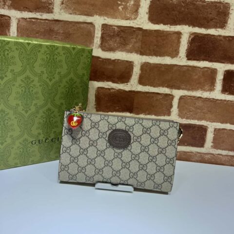 GUCCI 双G草莓手挽钱包 726250啡胶