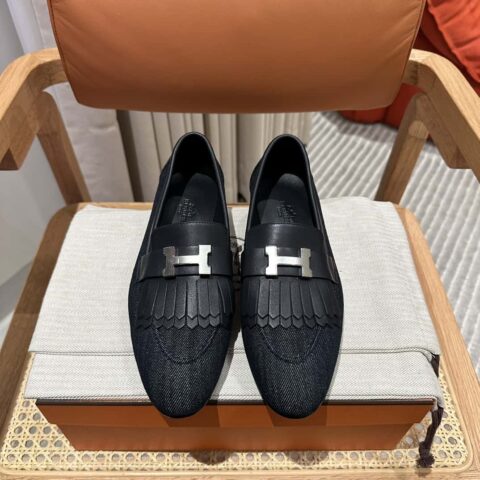 Hermès H家经典乐福鞋 流苏牛仔配深蓝银扣