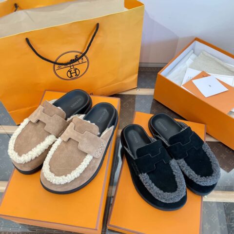 Hermès 𝟐𝟎𝟐𝟑穆勒半拖勃肯毛毛鞋