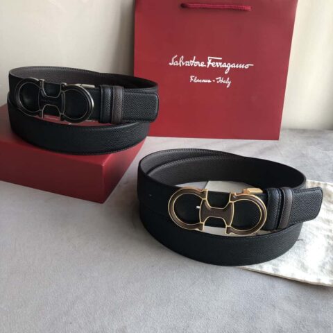 Ferragamo菲拉格慕 双圈亚克力金属扣 十字纹理双面腰带 3.5cm