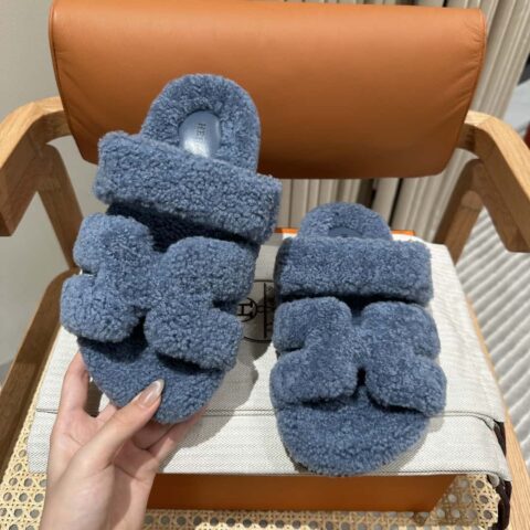 Hermès 毛绒二舅鞋 Chypre凉鞋 高级蓝