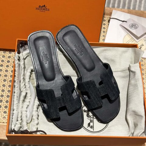 Hermès 真皮大底 H拖鞋 黑色