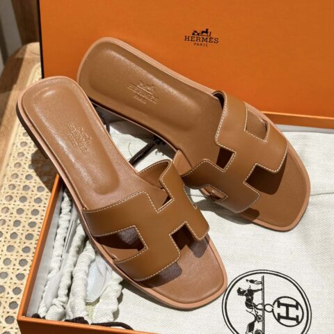 Hermès 真皮大底 H拖鞋 棕色