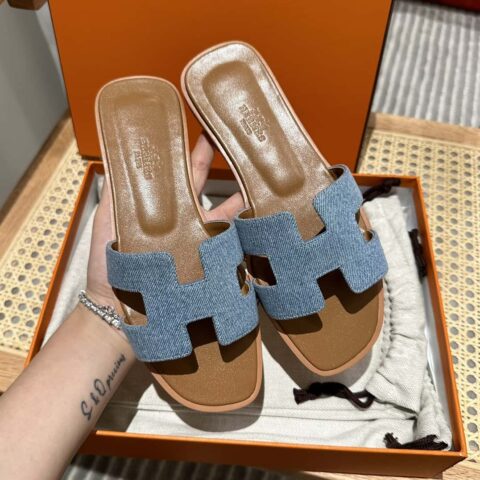 Hermès 真皮大底 H拖鞋 棕色拼色牛仔蓝