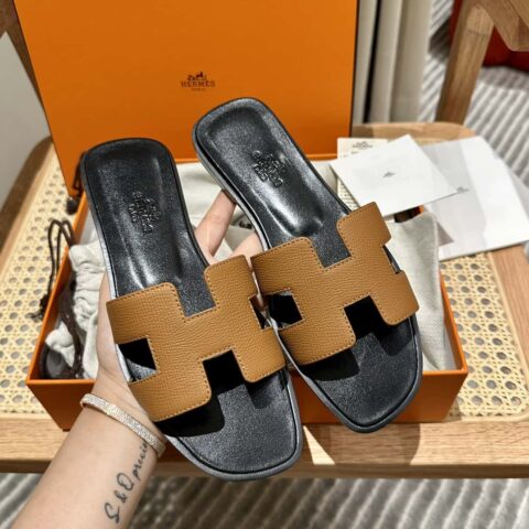 Hermès 真皮大底 H拖鞋 黑色拼棕色