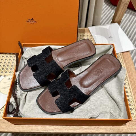 Hermès 真皮大底 H拖鞋 深棕拼黑色