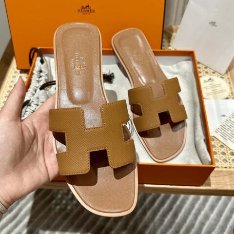 Hermès 真皮大底 H拖鞋 棕色