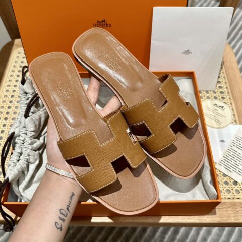 Hermès 真皮大底 H拖鞋 棕色
