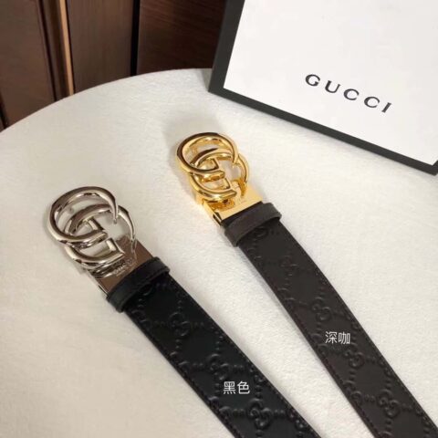 GUCCI 双G旋转金属扣 牛皮压纹腰带 3.6cm