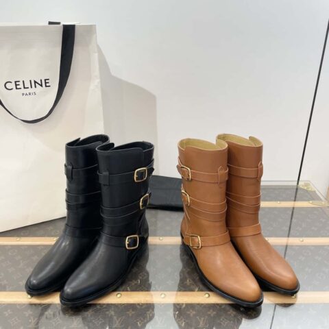 CELINE 赛林𝟐𝟎𝟐𝟑植鞣牛皮革中筒系带机车短靴