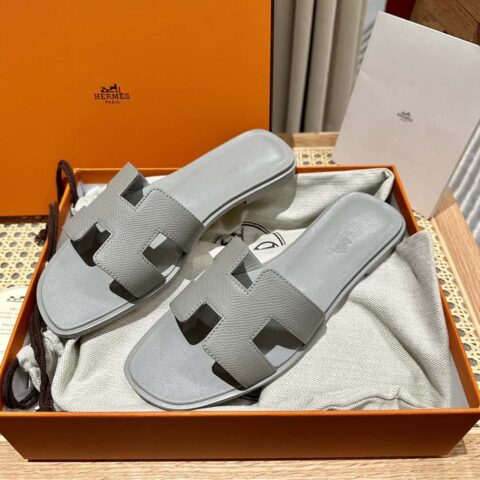 Hermès 真皮大底 H拖鞋 灰色