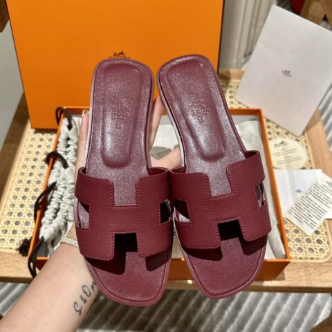 Hermès 真皮大底 H拖鞋 酒红