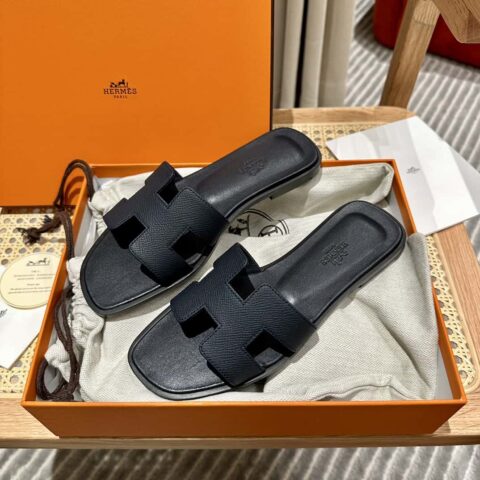 Hermès 真皮大底 H拖鞋 黑色