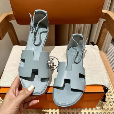 Hermès 进口意大利牛皮 新款小凉鞋 雾霾蓝