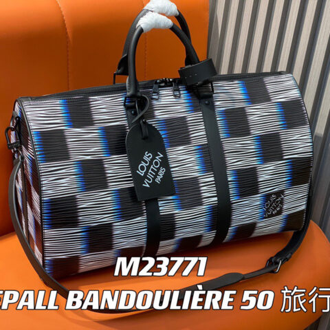 【原单精品】M23771黑夜棋盘格子 全皮水波纹旅行袋系列 KEEPALL BANDOULIÈRE 50 旅行袋