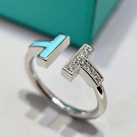 ☀️Tiffany&co 蒂芙尼 经典款T字系列 绿松石带钻银色双T戒指 ☀️