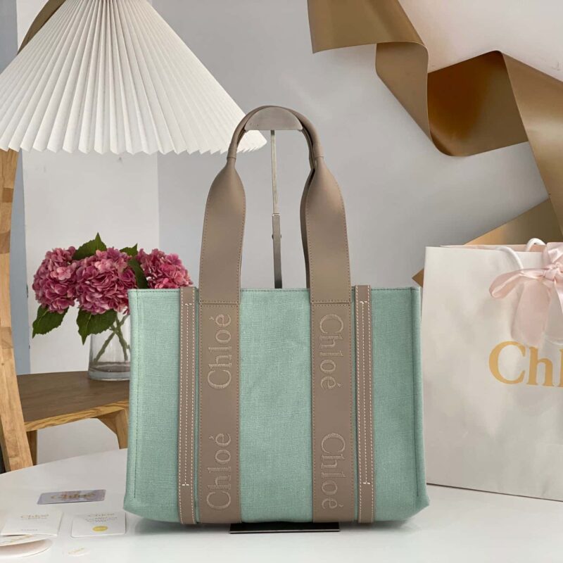 Chloe Woody亚麻配皮托特包 牛油果绿配灰中号37CM