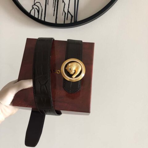 Stefano Ricci 史蒂芬 豹头镶嵌钻金属挂扣鳄鱼纹腰带 3.8cm