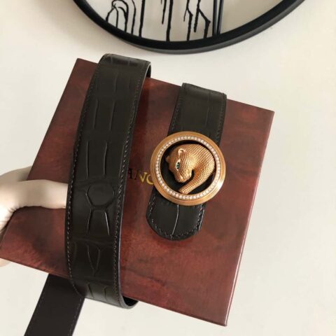Stefano Ricci 史蒂芬 豹头镶嵌钻金属挂扣鳄鱼纹腰带 3.8cm