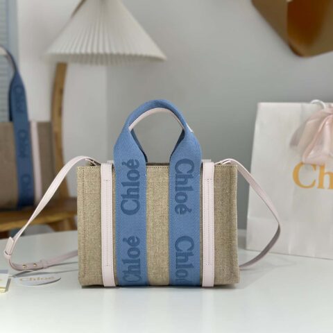 Chloe Woody亚麻配皮托特包 奶油粉/兰小号26CM