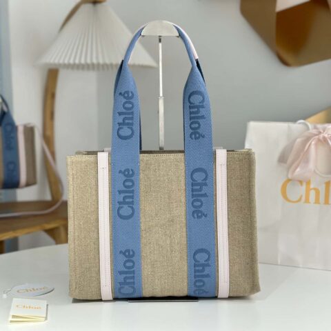 Chloe Woody亚麻配皮托特包 奶油粉/兰中号37CM