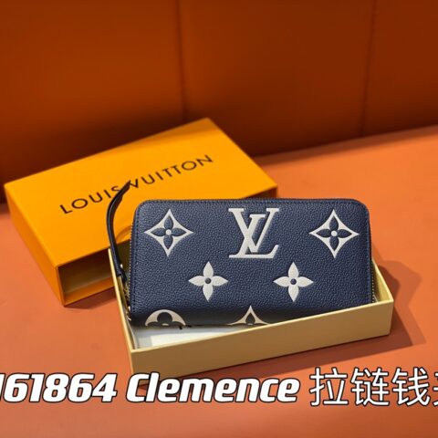 【原单精品】M61864深蓝丝印 全皮单拉链钱包系列 Clemence 拉链钱夹
