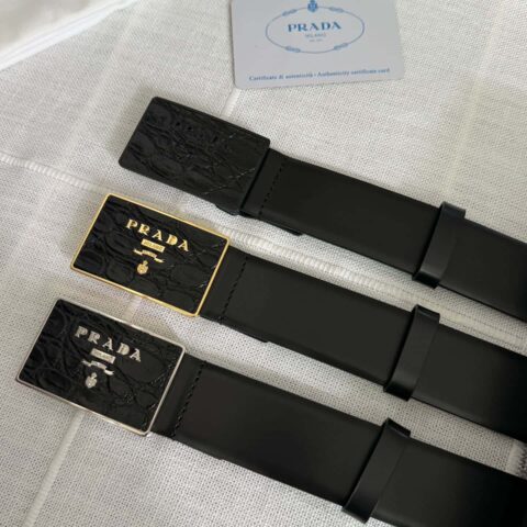 PRADA/普拉达 男士黑色logo扣环贴鳄鱼皮混合图案双面牛皮腰带 3.5CM