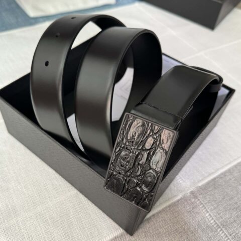 PRADA/普拉达 男士黑色logo扣环贴鳄鱼皮混合图案双面牛皮腰带 3.5CM