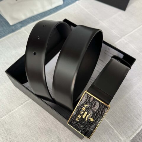 PRADA/普拉达 男士黑色logo扣环贴鳄鱼皮混合图案双面牛皮腰带 3.5CM