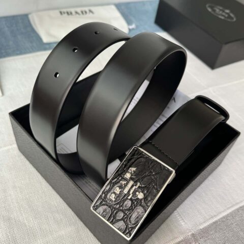 PRADA/普拉达 男士黑色logo扣环贴鳄鱼皮混合图案双面牛皮腰带 3.5CM