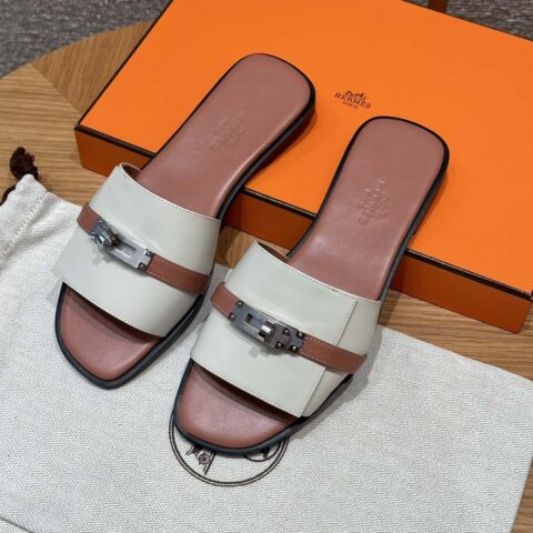 Hermès 183kelly拖凉鞋 Gigi 平纹/Swift 奶昔白/ck10/Craie/裸粉色Nude pink