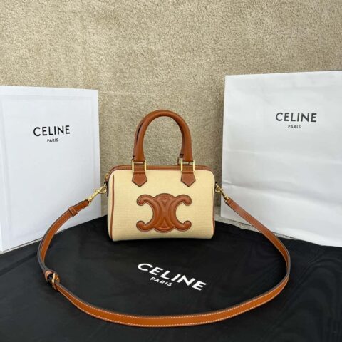 CELINE TRIOMPHE CANVAS 小号标志织布牛皮革波士顿包 113773麻布/棕