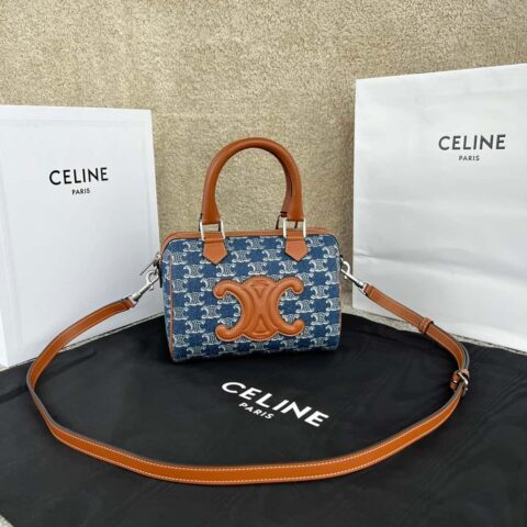 CELINE TRIOMPHE CANVAS 小号标志织布牛皮革波士顿包 113773牛仔布/棕