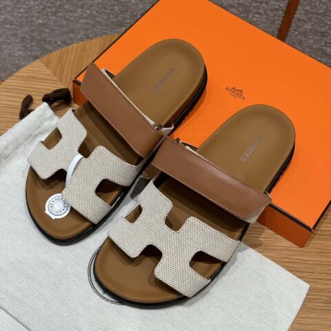 Hermès 225 CHYPRE SANDAL 老舅鞋 棕拼布/Ck37/gold/Cloth 布拼平纹/Cloth/swift