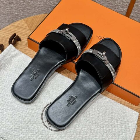 Hermès 183kelly拖凉鞋 /Giulia 黑色/CK89/Noir/Himalaya/蜥蜴原色 小牛皮配蜥蜴带条/Calfskin/Lizard/🦎