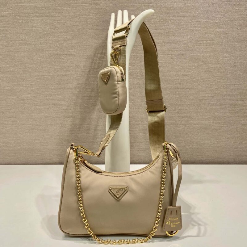 PRADA nylon Hobo手拎/腋下包 1BH204杏色/金色五金