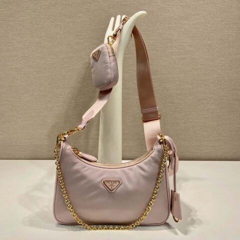 PRADA nylon Hobo手拎/腋下包 1BH204粉色/金色五金
