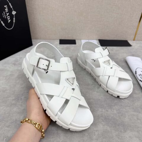 💋💍P家新品 Prad* 普拉-达 新款男士皮革交叉编织凉鞋