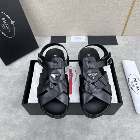 💋💍P家新品 Prad* 普拉-达 新款男士皮革交叉编织凉鞋