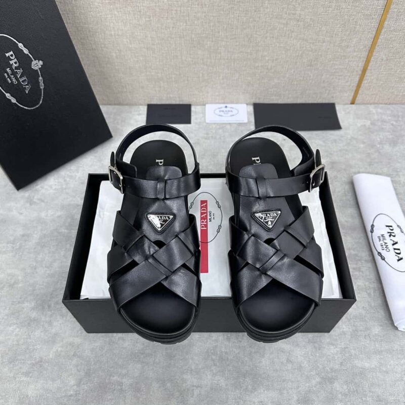 💋💍P家新品 Prad* 普拉-达 新款男士皮革交叉编织凉鞋
