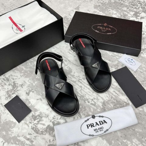 💋💍P 家新品 PRAD*/普拉-达 新款男士交叉款魔术贴凉鞋