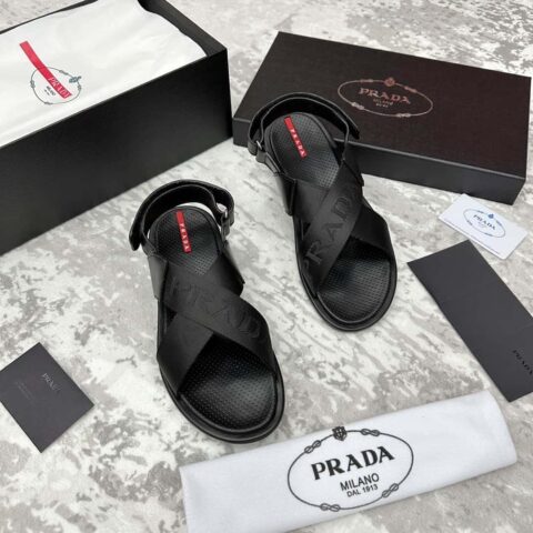 💋💍P 家新品 PRAD*/普拉-达 新款男士交叉款魔术贴凉鞋