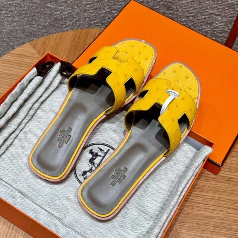 HERMES 181 Oran 凉拖 鸵鸟🐦/Ostrich 琥珀黄/9D/Jauen ambre
