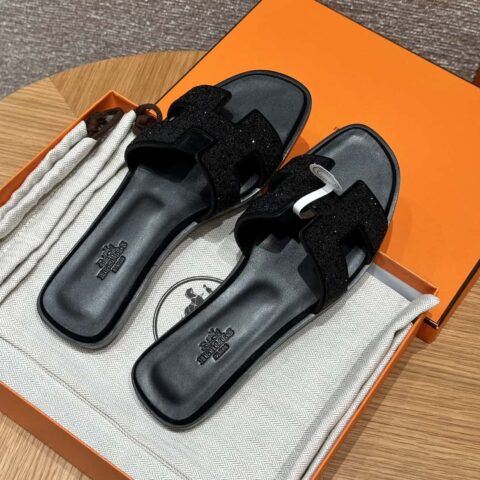 HERMES 181 Oran 拖鞋 麂皮/钻/Chamois leather/drilling 黑色/ck89/noir