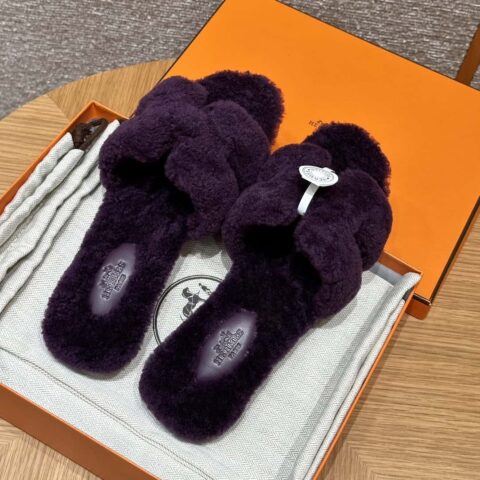 HERMES 181 Oran 凉拖 羊毛皮/woolskin 葡萄紫/59/Raisin